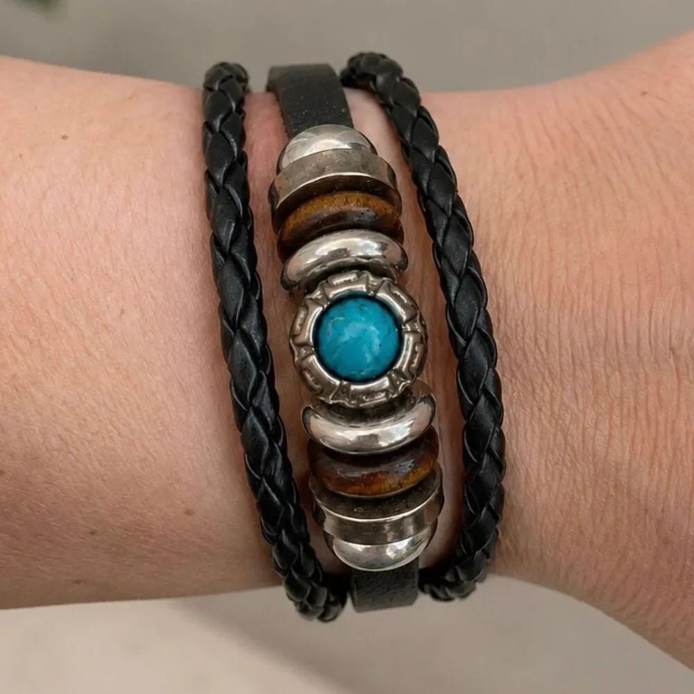 Ibiza Multi-Strand Black Vegan Leather Cuff Bracelet Turquoise Accent